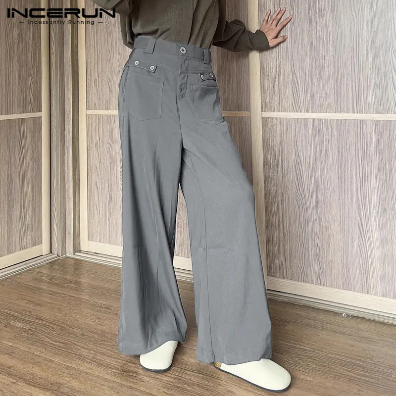 

INCERUN 2024 Korean Style Men's Pantalons Solid Double Front Pocket Design Pants Leisure Streetwear Straight Leg Trousers S-5XL