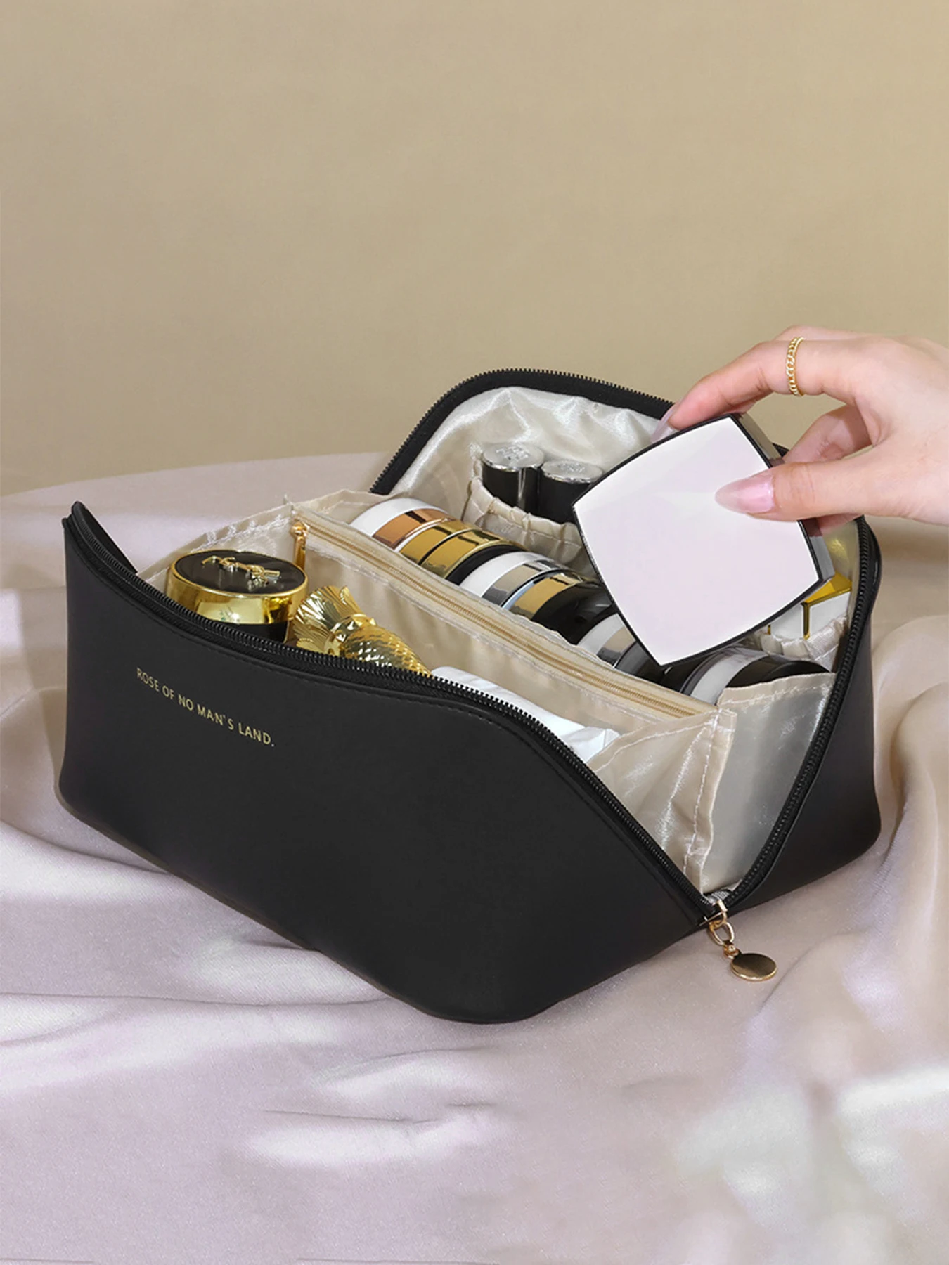 Borsa per il trucco da viaggio, borse per cosmetici di grande capacità per le donne, custodia portatile impermeabile borsa da toilette piatta aperta