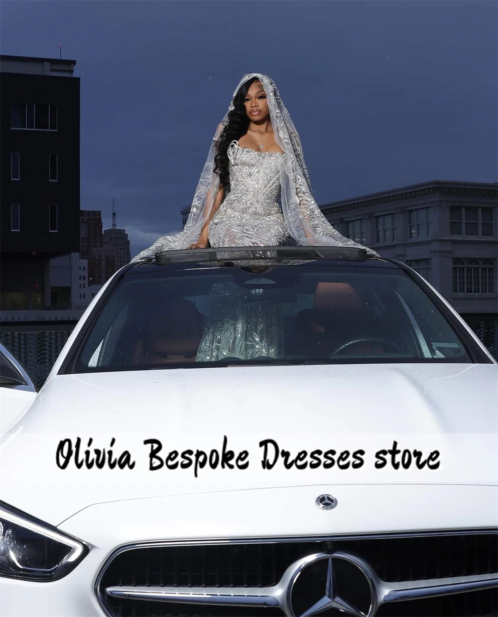 Sparkle Silver Beads Strapless Evening Dress With Headscarf Mermaid Aso Ebi Formal Party Dress African Wedding Guest Customized
