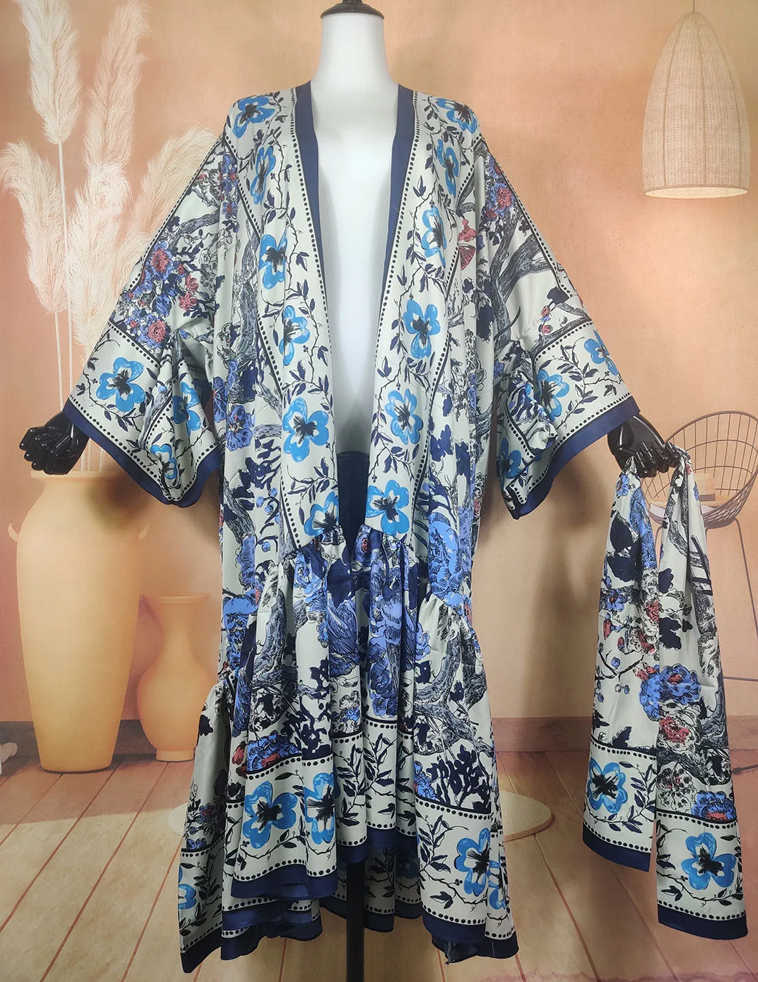 

Kuwait Fashion Summer Bohemian Women's Swimwear Long Cardigan With Scarf Casual Open Front Kimonos Arabic Dress For Holiday