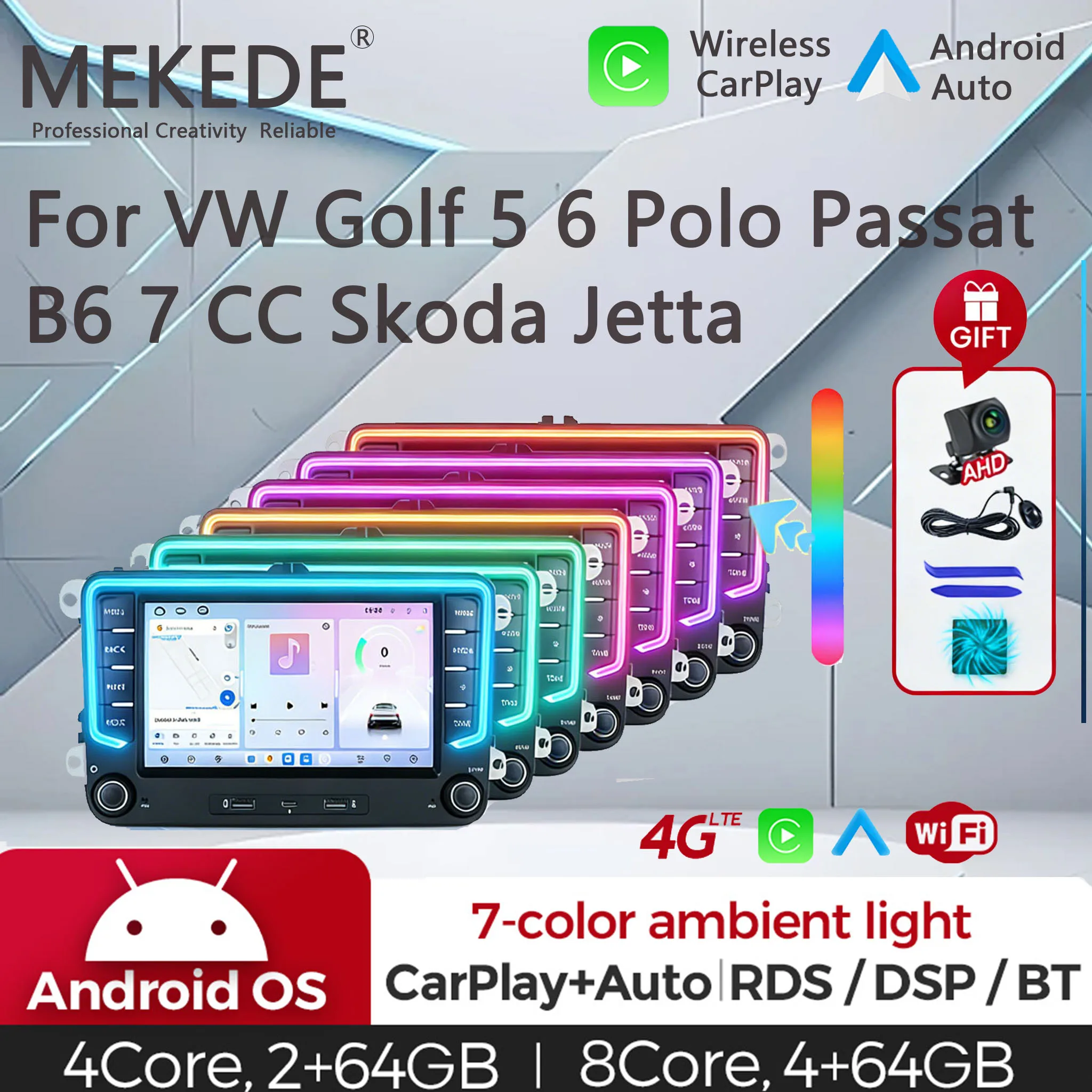 MEKEDE Autoradio Android 7 pollici con Carplay wireless 4G+64G per Volkswagen VW Golf Passat JETTA Tiguan Skoda Octavia SEAT, navigazione GPS, lettore multimediale, DSP, RDS, Wifi, BT, stereo, lettore