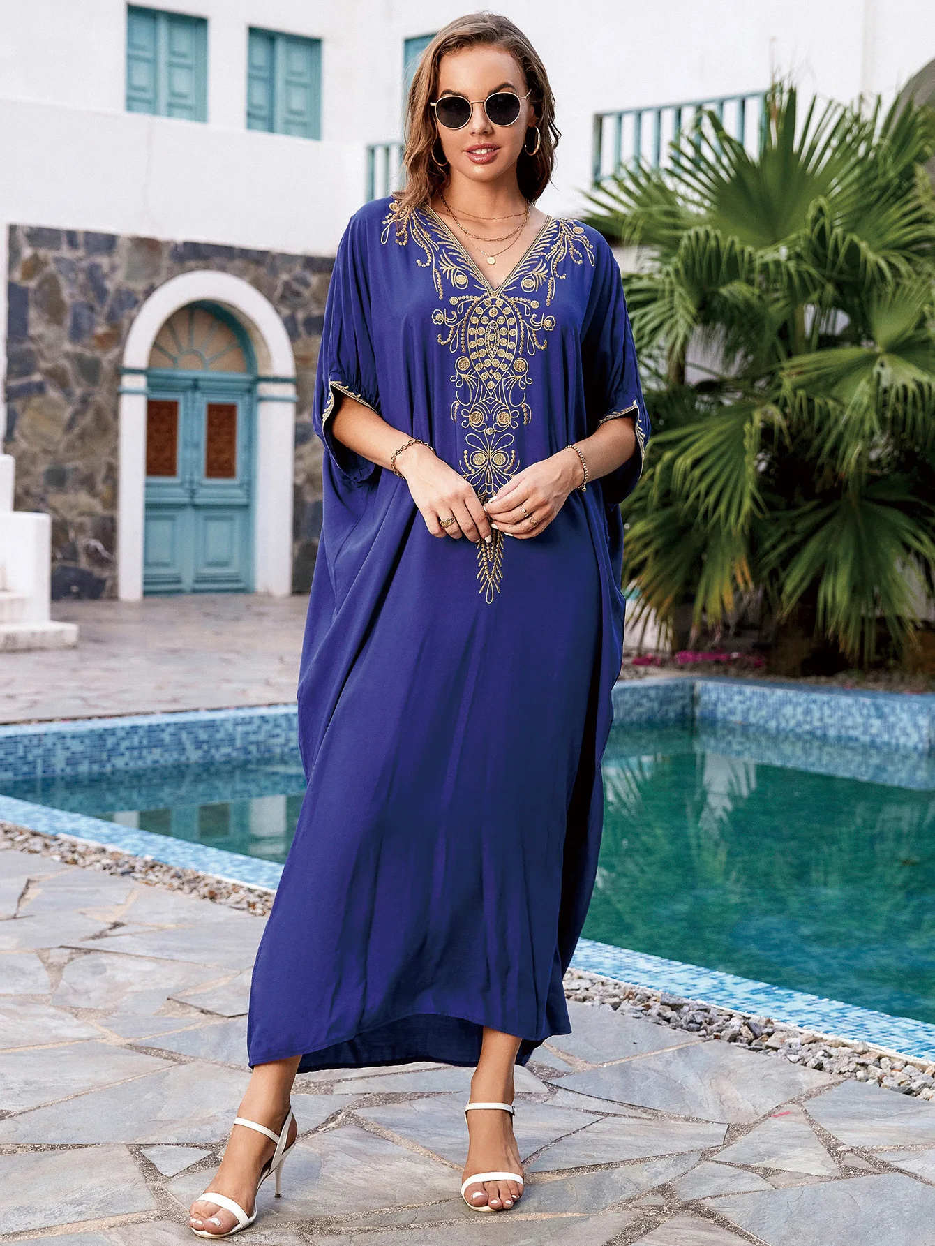 قفطان مطرز باللون الكحلي للنساء ، سترة للشاطئ ، ثوب فضفاض للبيكيني ، فستان للشاطئ ، سترة رشيق ، ملابس الشاطئ