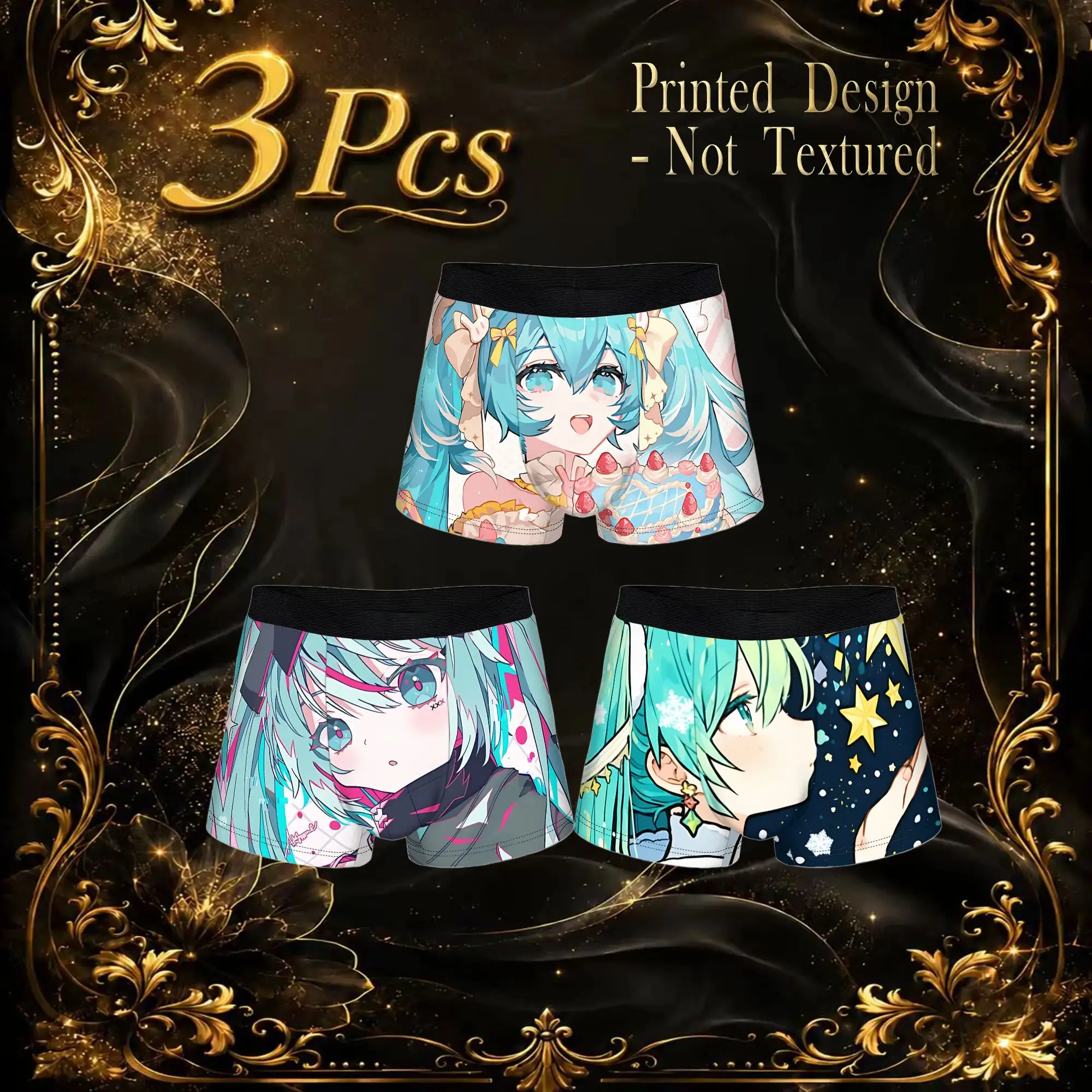 3Pcs Your Christmas Gift  Hatsune Miku boxers  Underpants Breathbale Panties Men's Underwear Print Shorts Boxer Briefs