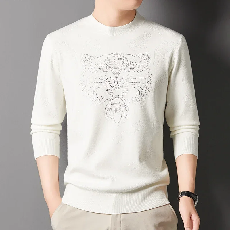 

Embroidery 2024 Autumn Winter Long-sleeved Round-neck Sweater for Men Fashionable Youth Jacquard Knitted Bottoming Sweaters