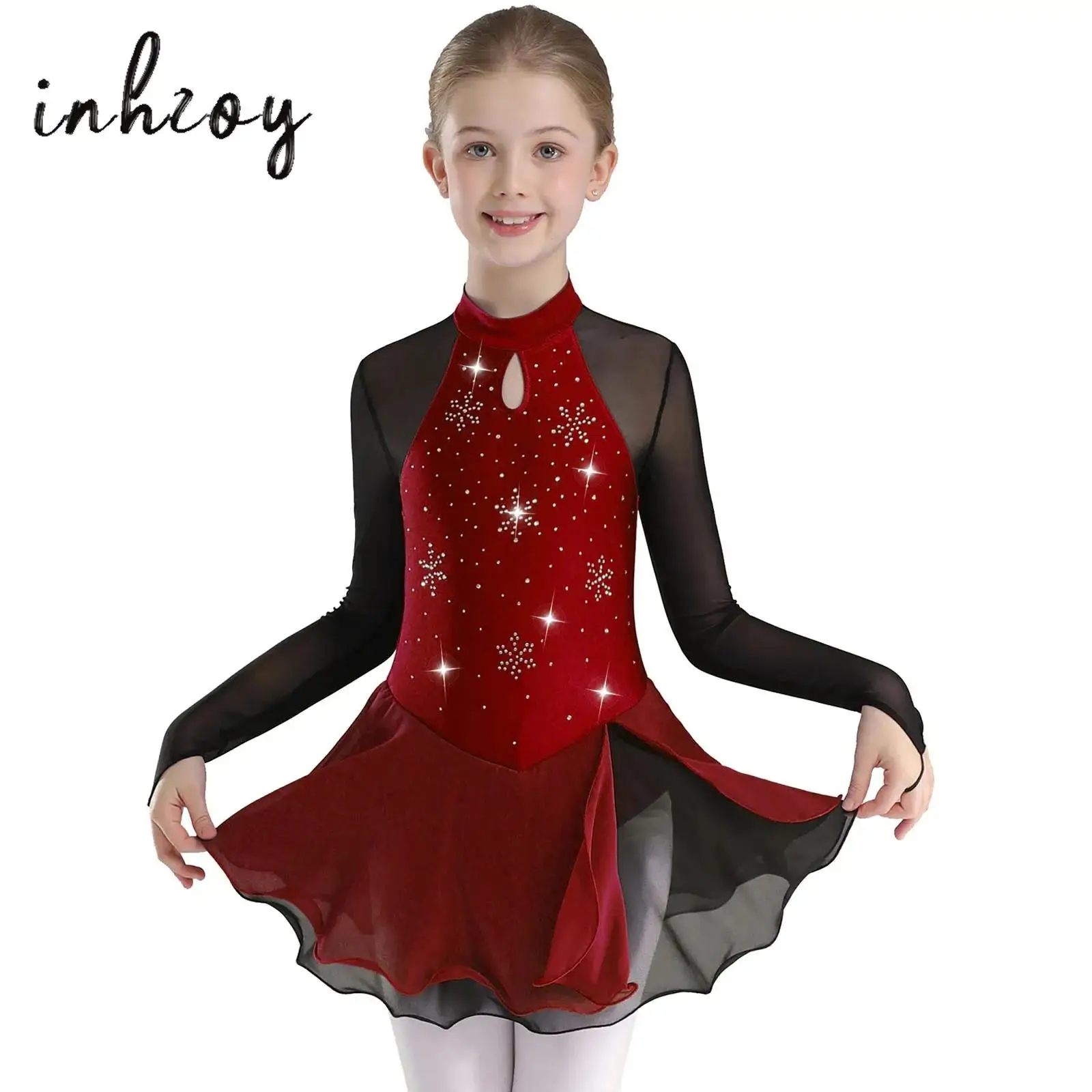 Child Girls Lyrical Dance Dress Snowflake Mesh Long Sleeve Leotard Ballet Figure Skating Gymnastics Stage Performance Costume