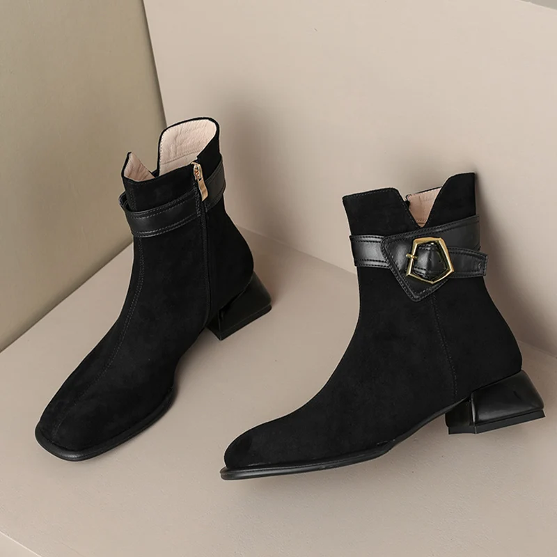 

2023 Ankle Boots for Women Spring Autumn PU Leather Fashion Square Heels Zip Black Boots Ladies Boot Women Outdoor Casual New