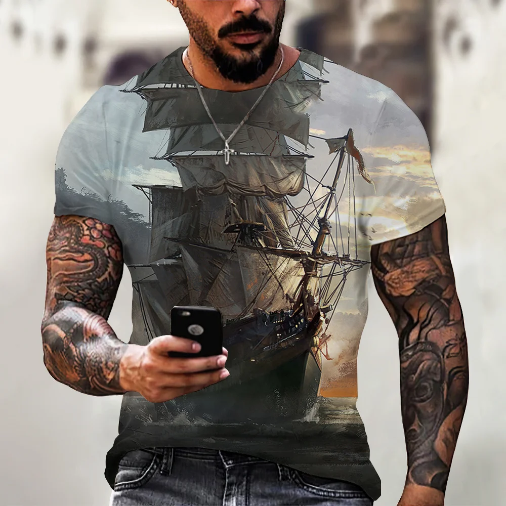 Camisetas Vintage de barco para hombre, Camiseta de manga corta con cuello redondo y estampado 3D de barco pirata para hombre, camisetas de gran