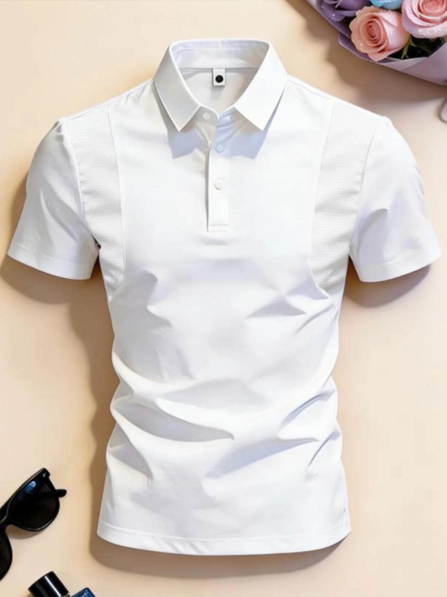 

White Quick Dry Ice Silk Shirt Men's Short Sleeve Summer American Collar Half Sleeve Mesh Breathable Shoulder T-Shirt