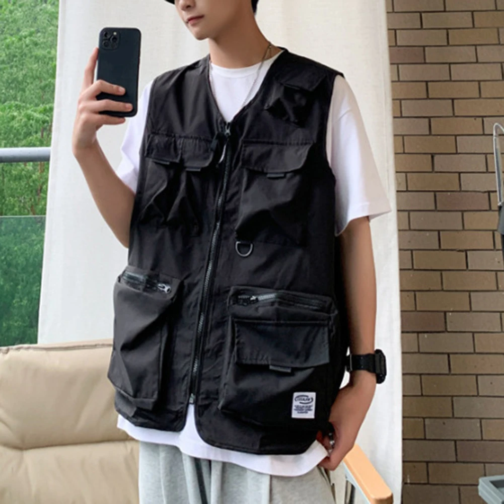 

2XL Men Cargo Vest Multi-pocket Sleeveless Vest Loose Fit Waistcoat Solid Color Pattern Suitable For Daily Wear