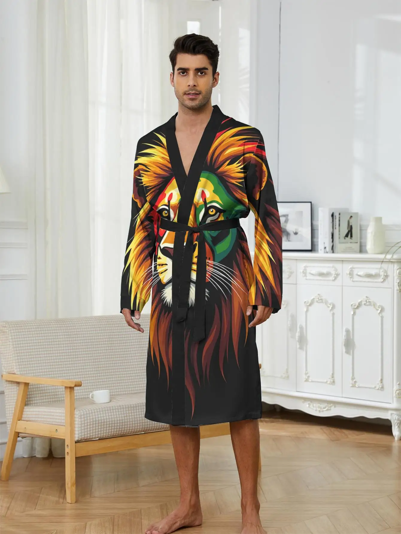 1pc Men'S Robes 2026 Spring/Summer Long Nightgown Graphic Polyester Bathrobe Men Robes Bathrobe 3D Printed Men'S Bathrobe