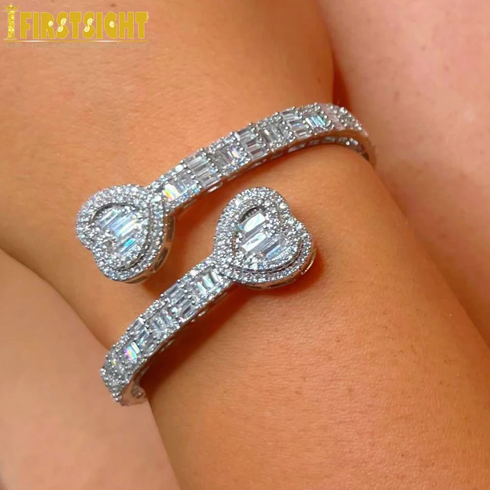 2025 New Iced Out Bling Opened Heart Zircon Charm Bracelet Rectangle AAA CZ Hearts Bangle For Men Women Hiphop Luxury Jewelry view 3