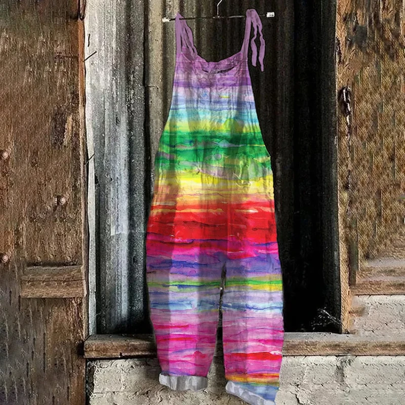 Women\'s Suspender Loose Jumpsuit Summer Rainbow Casual Bohemian Jumpsuit 3D Printed Jumpsuit Sleeveless Large Size Lace Up Pants