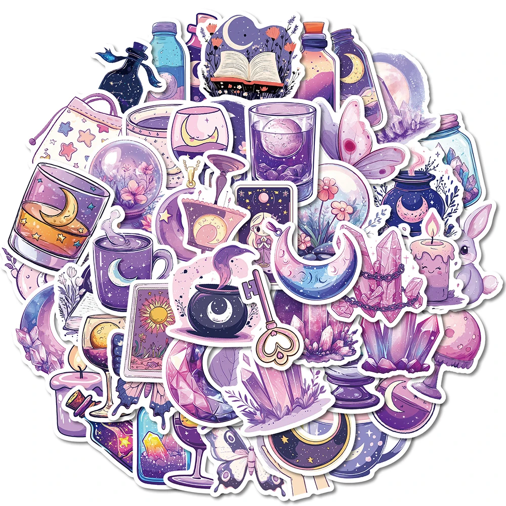 

10/30/50pcs Cute Magic Purple Moon Aesthetic Stickers Decoration Cartoon Waterproof Graffiti Decals for Phone Case Luggage Diary