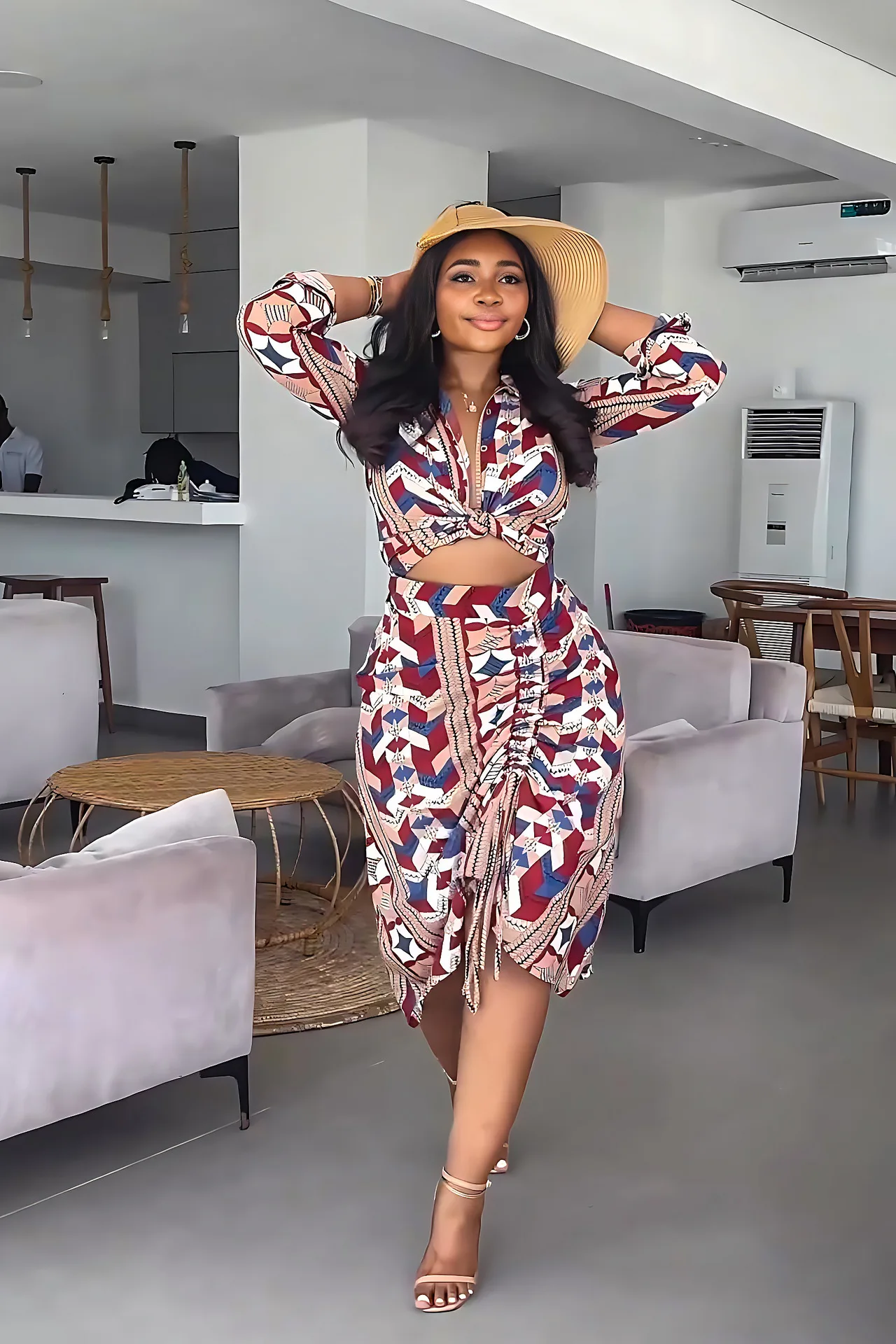 Geometric Pattern Two Piece Suit Woman Chic Turn Down Collar Full Sleeve Shirt Tops matching Ruched Drawstring Beach Midi Skirts