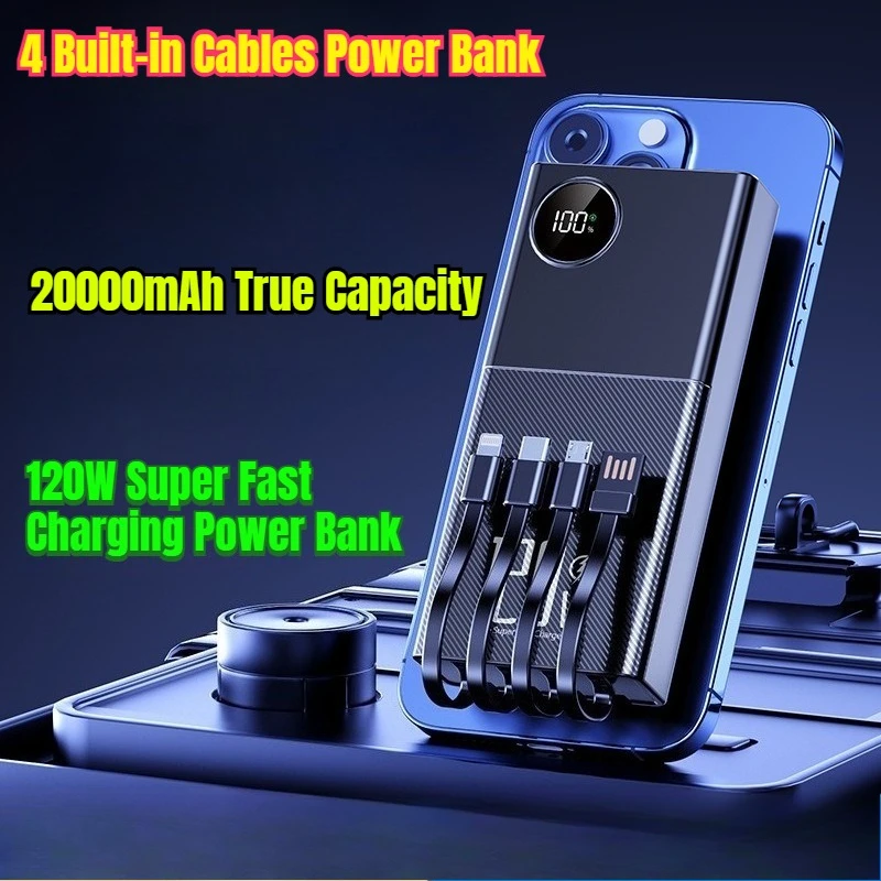 

120W Super Fast Charging Power Bank with 20000mAh True Capacity 4 Built-in Cables Power Bank