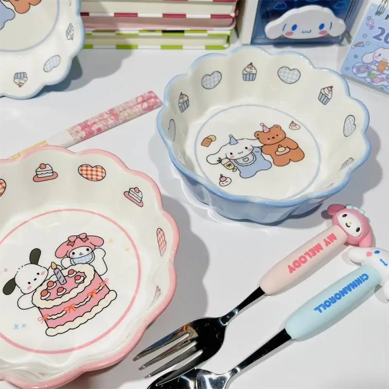 Cuenco Kawaii Sanrio My Melody Cinnamoroll Pochacco para niños, plato de cerámica para ensalada de frutas de gran capacidad con dibujos animados para el hogar, vajilla