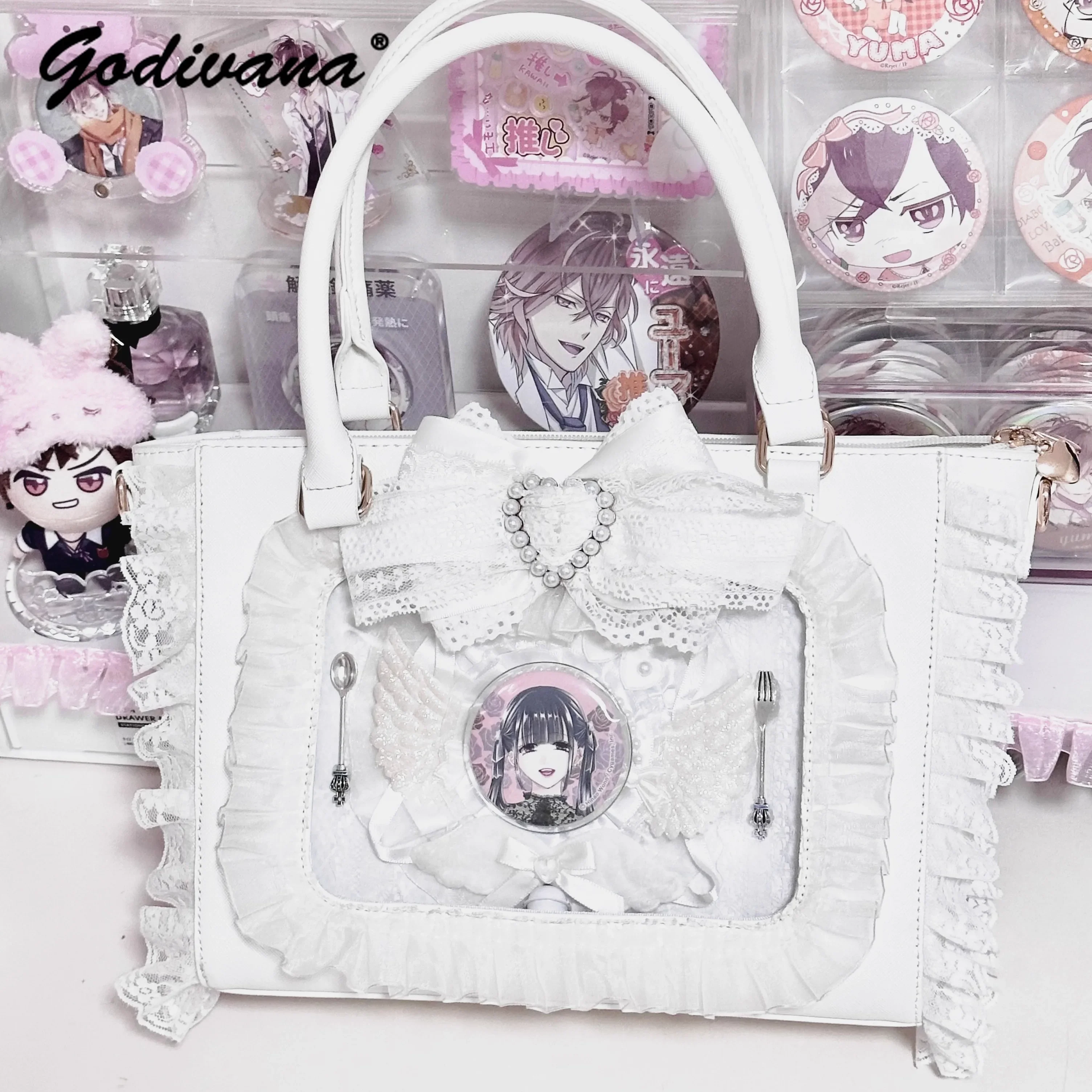 Japanese Mine Series Mass-produced Lace Bow 2way Itabag Lolita Girl Women\'s Sweet Tote Bag Black and White Handbags