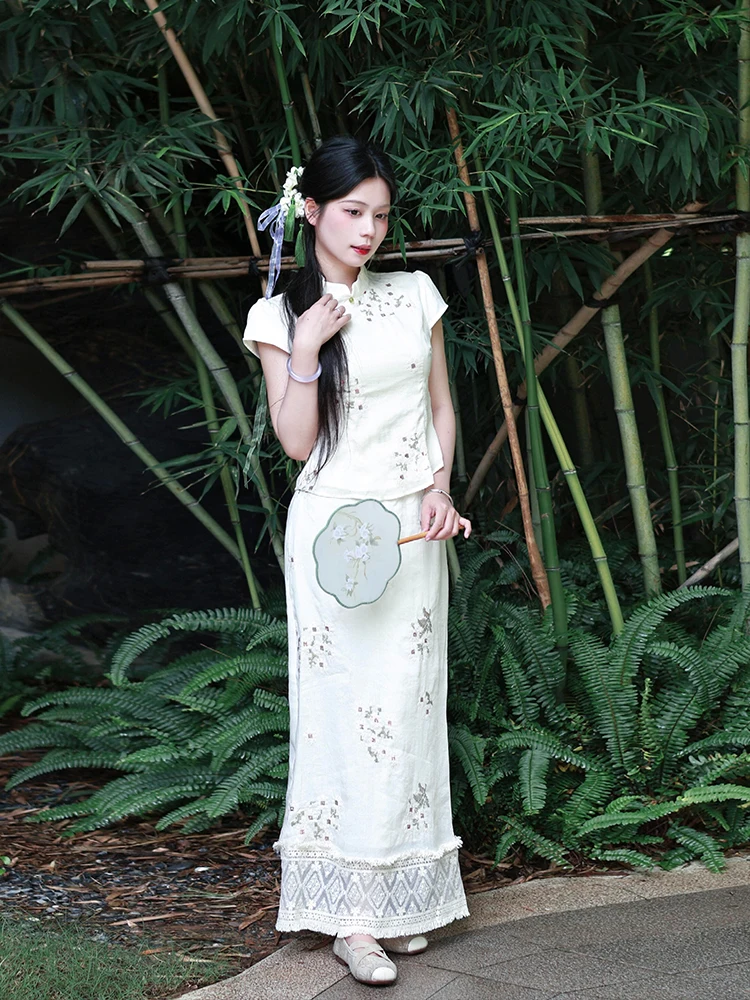 

New Chinese Sle Summer Faion Set SYJ ujia Women's ort Sve Printed irt with Embroidered f Skirt Stand Collar