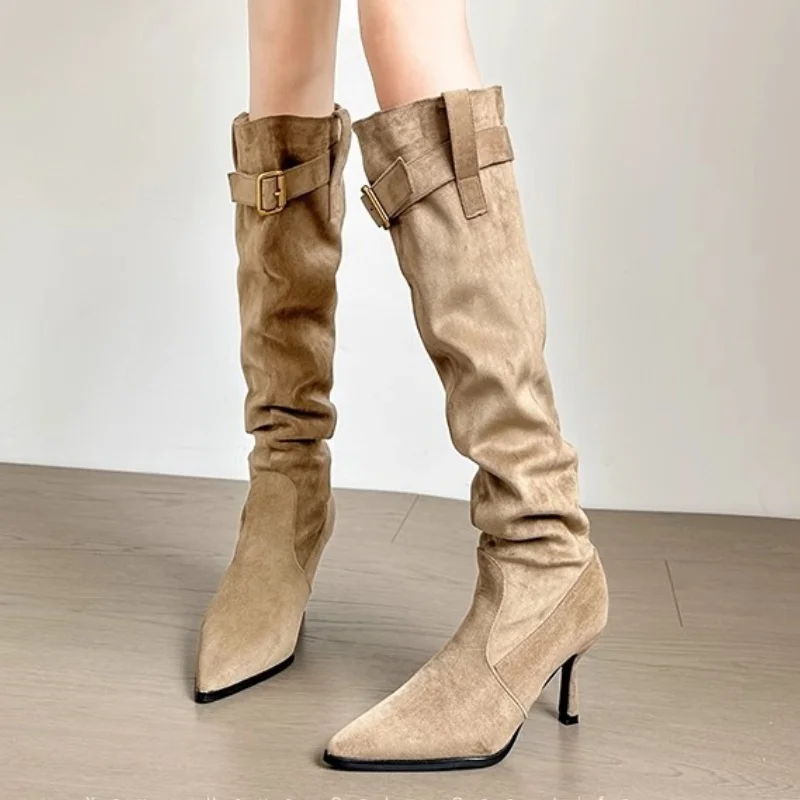 

Punk Women Knee High Boots Suede Fashion High Heels Shoes Pointed Toe Woman Chelsea Boots 2025 Winter New Snow Boots Mujer Pumps