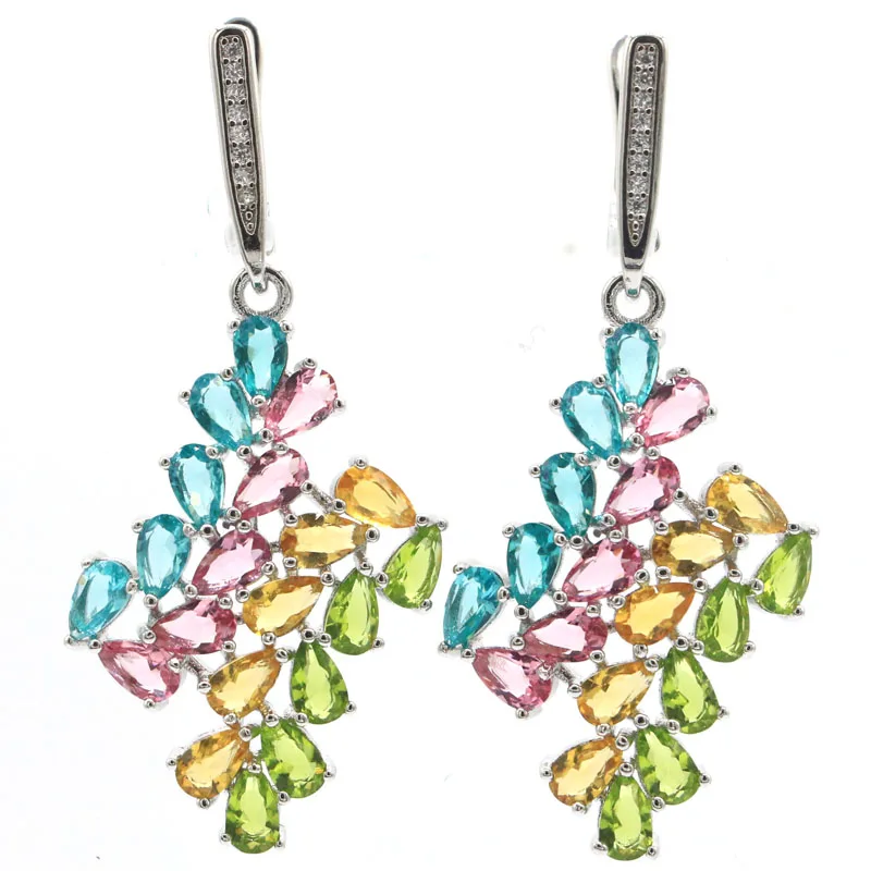 46x22mm SheCrown Multi Color Golden Citrine Aquamarine Green Peridot Tourmaline CZ Woman's Gift Silver Earrings