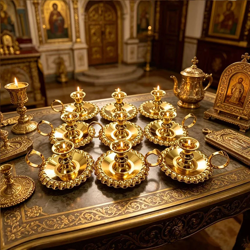 Traditioneller Orthodoxer Gold-Metall-Kerzenhalter für Heimaltar Religiöses Christliches Gebetsgeschenk Tragbarer Kerzenständer mit Griff für Kirche
