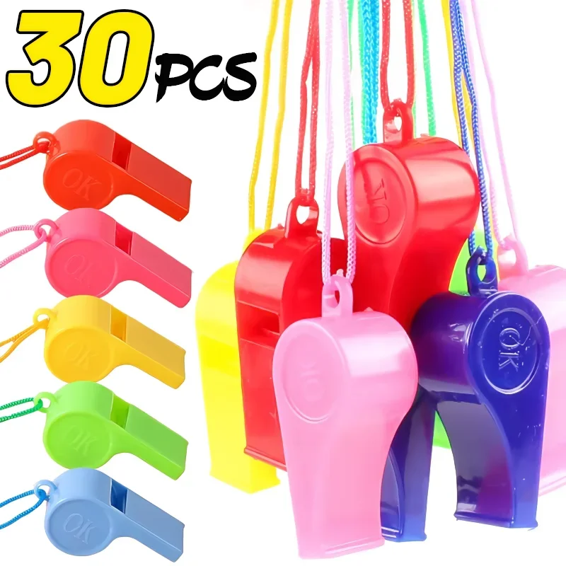 30/1PCS Colorful Plastic Whistle with Rope Kids Football Soccer Rugby Cheerleading Whistle Children Toys Birthday Party Supplies