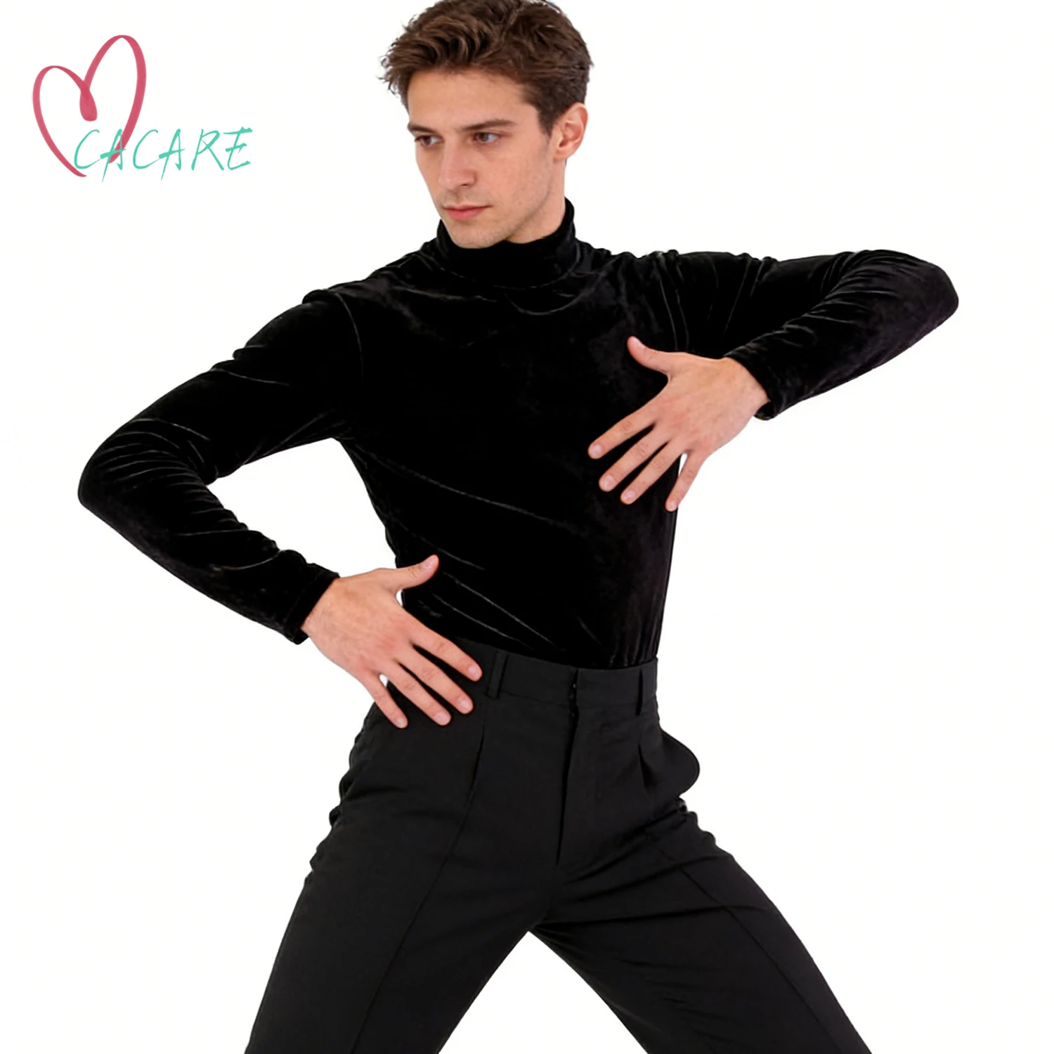 

Мужская рубашка для латиноамериканских танцев, велюровая танцевальная рубашка для мужчин, черная, с длинным рукавом, для латиноамериканских танцев, одежда для тренировок, мужской сценический костюм