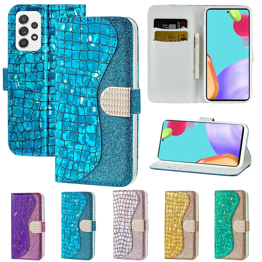 Wallet Laser Flash Powder Leather Case For Samsung Galaxy A02s A03s A10 A12 A13 A14 A21s A24 A32 A34 A51 A52 A53 A54 A71 A72 A73