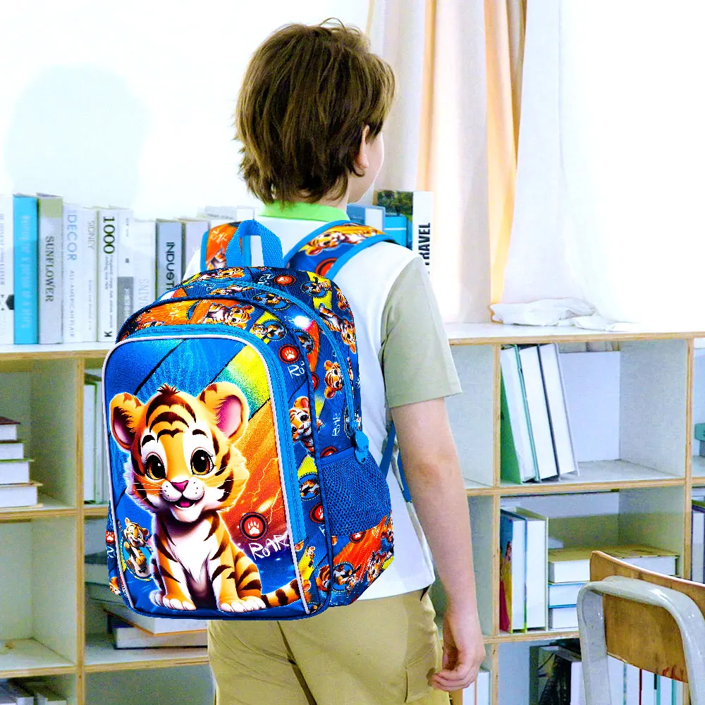 

16" Boys Backpack, Kids Bookbag with Lunch Box, 3Pcs Tiger School Backpacks for Elementary Preschool Kindergarten (Blue)