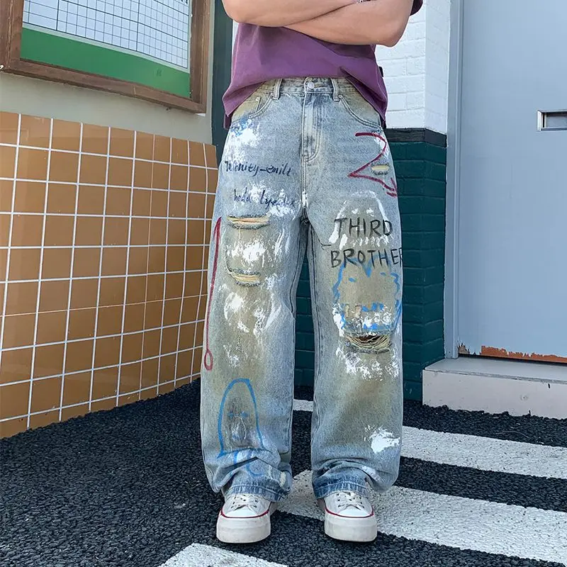 2026 New Street Graffiti Ripped Painted Jeans for Men, Straight Loose Wide-Leg Trendy Brand, Cool and High-End