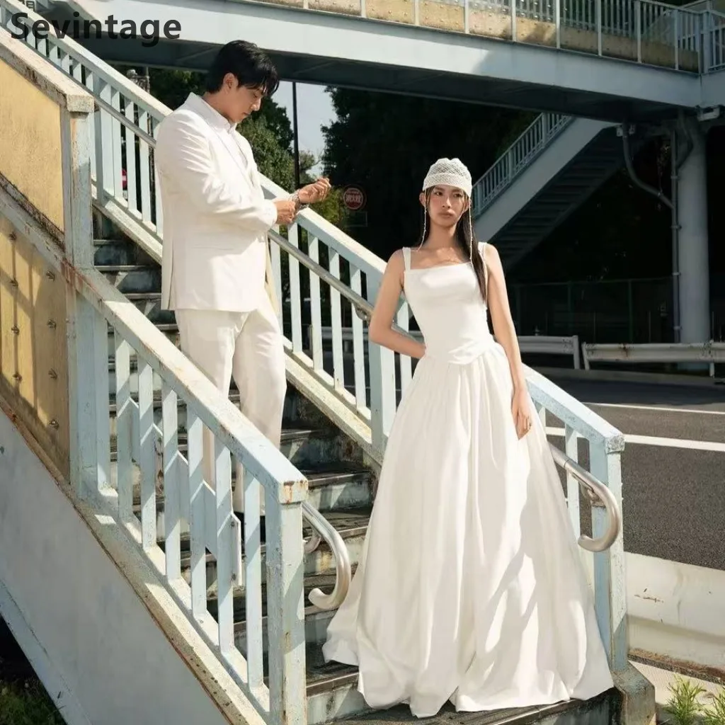 Sevintage marfil coreano una línea vestido de novia satén sin tirantes vestido de novia elegante vestidos de fiesta de boda 2025 personalizado