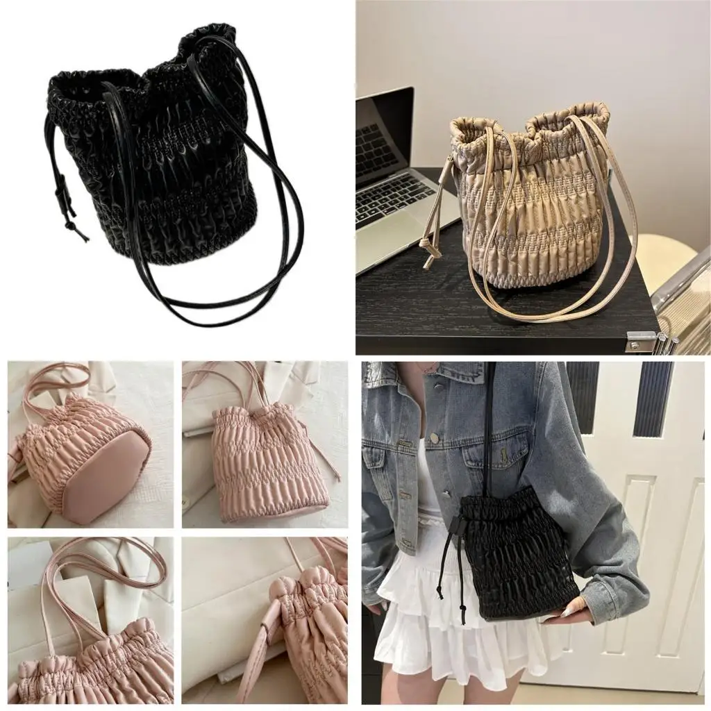 

D46D Women Bucket Bag PU Leather Armpit Bag Pleated Shoulder Bag Trendy Handbag