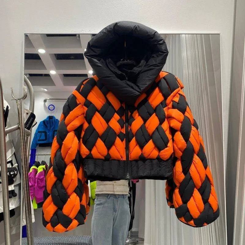 

European Autumn and Winter New Trendy Woven Down Jacket Thickened Short White Duck Down Women's Hooded Color Matching Jacket