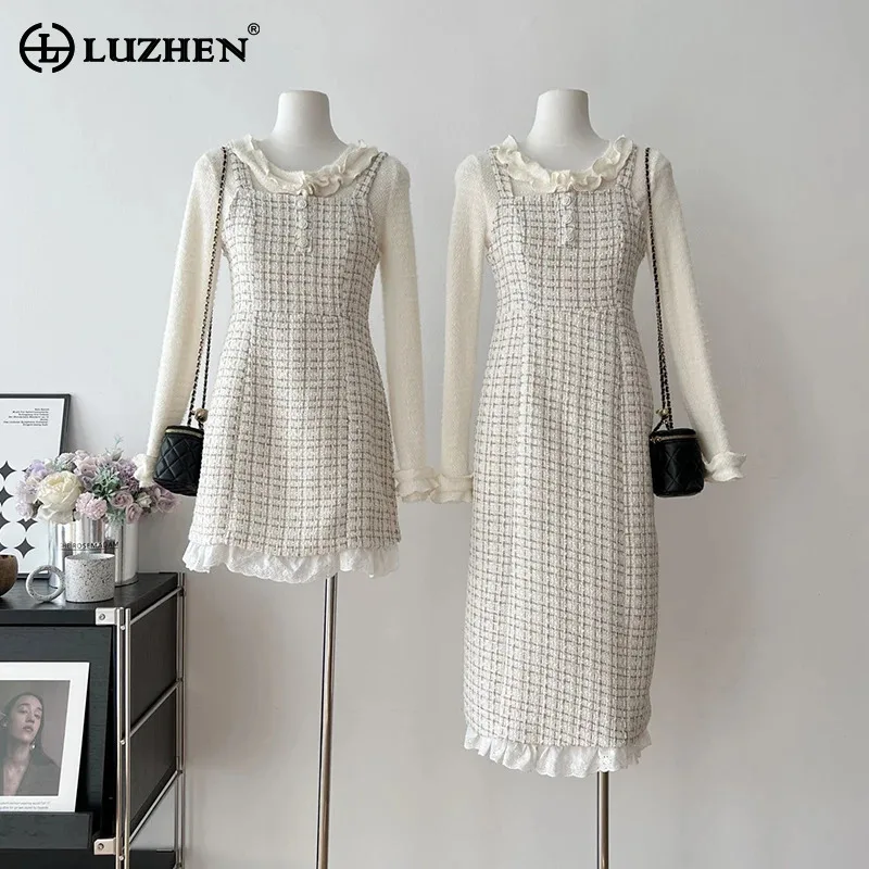 LUZHEN Sweet Style Plaid Printed Long Strap Long Dress Burr Neck Long Sleeve T-shirts Women's New Fashion Two-piece Sets AA1576