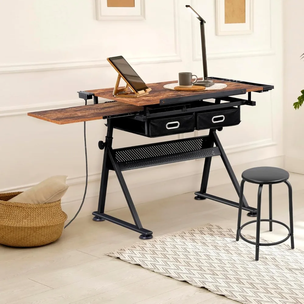 مكتب فنان قابل للتعديل مع مخرج طاقة، وطاولة رسم مائلة، ودرجين تخزين، ومقعد للفن والصياغة