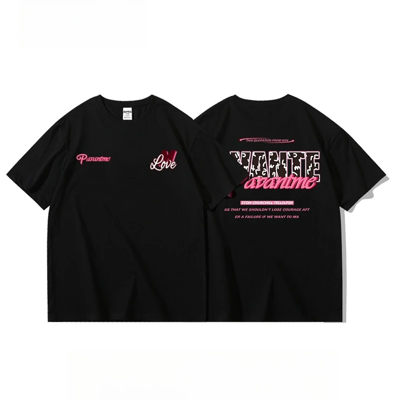 

Motorcycle Design Letter Printing Fashionable Pure Cotton Men's and Women's Summer Short-Sleeved Loose and Versatile