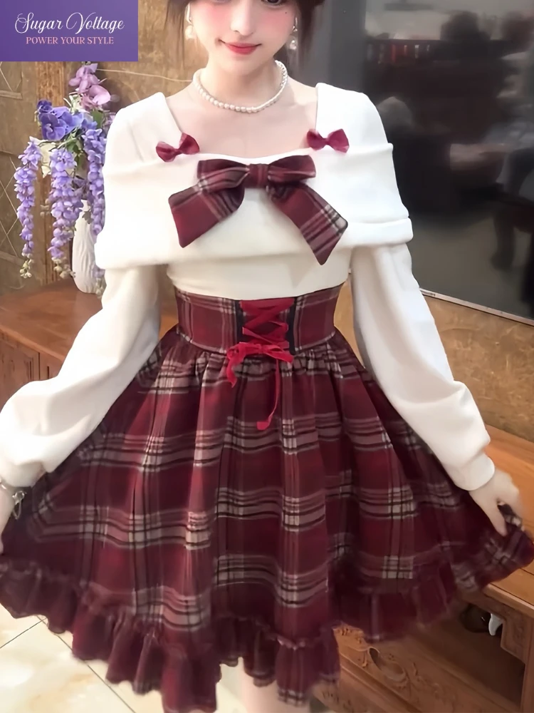 

Французское милое искусственное клетчатое платье из двух частей с длинным рукавом, женское облегающее платье с открытыми плечами и бантом, пышная плиссированная юбка, одежда в рождественском стиле