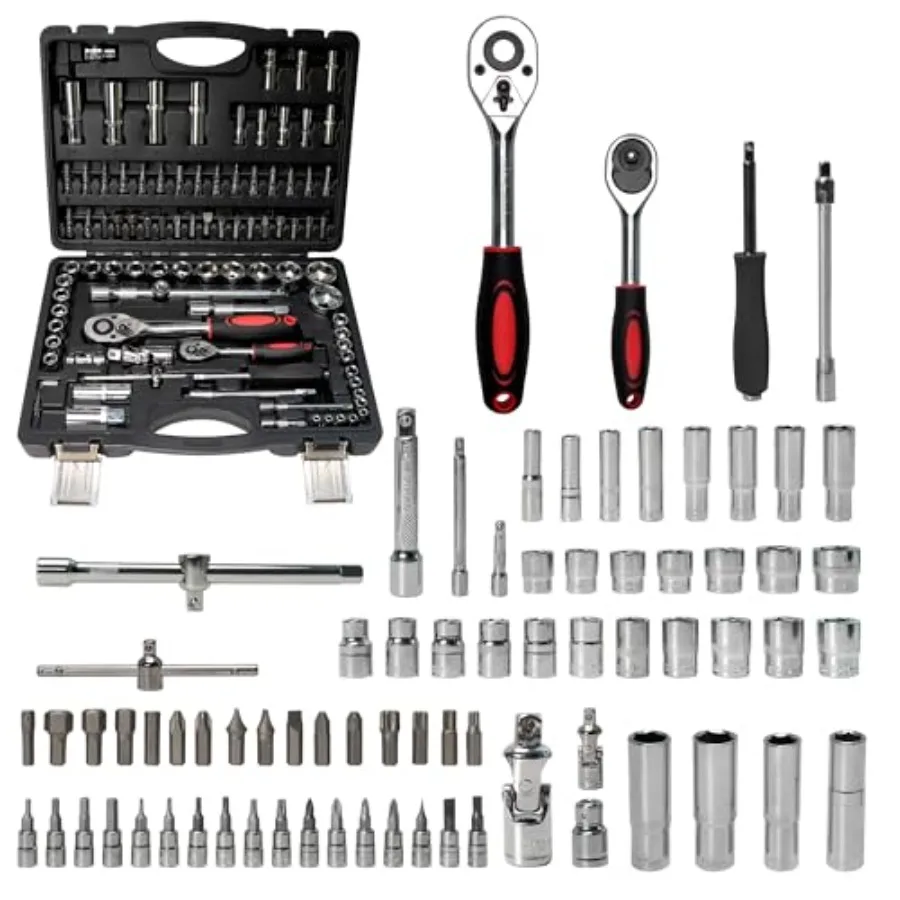 Mechanics Tool Set Metric 95PCS 1/2 1/4 Drive Impact Socket Set with Ratchet Handle Deep Shallow Sockets Universal Joint Automo