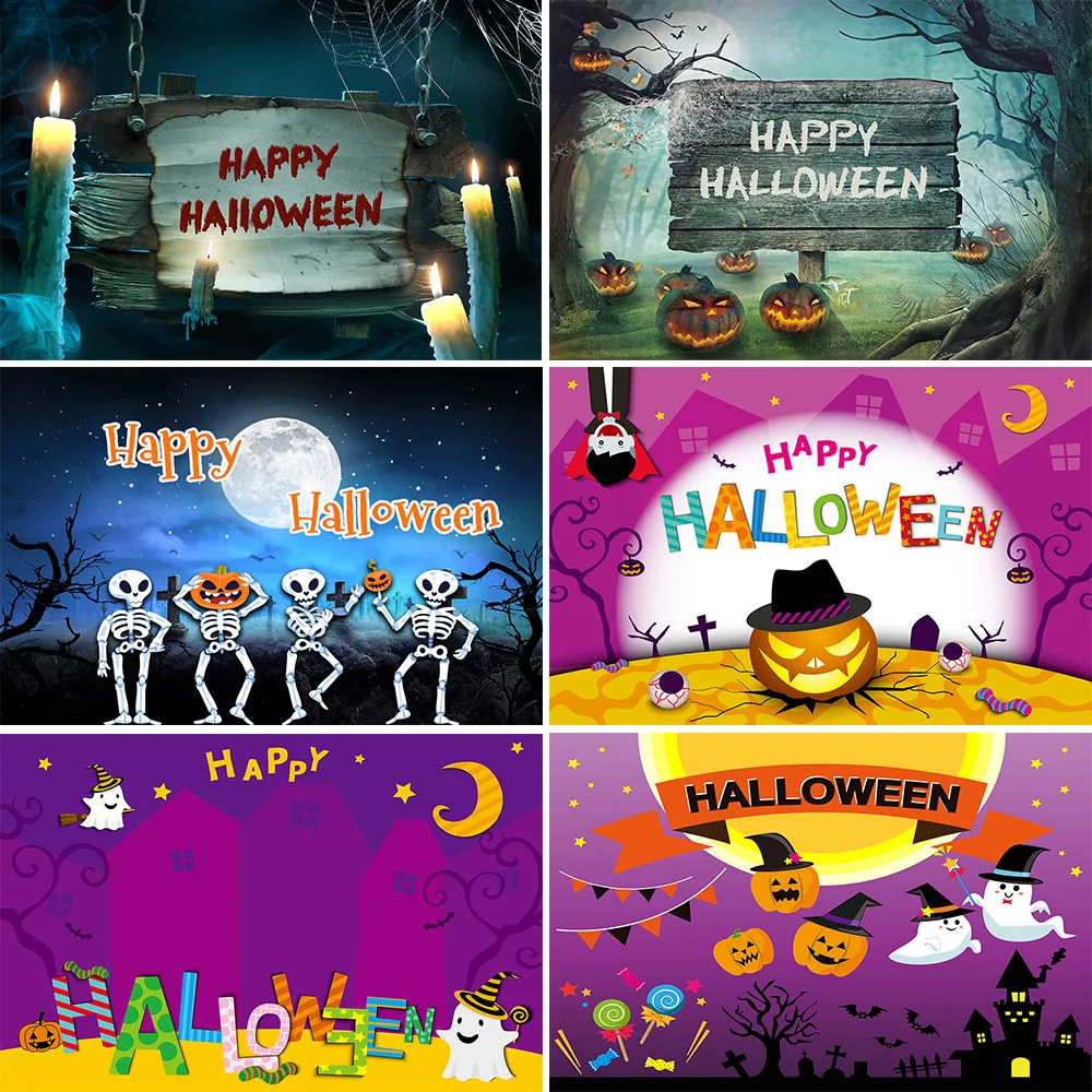 Halloween Backdrop Cartoon Photo Backdrop Pumpkin Moon Skull Photography Backgroud Happy Halloween Party Decor Cake Table Banner