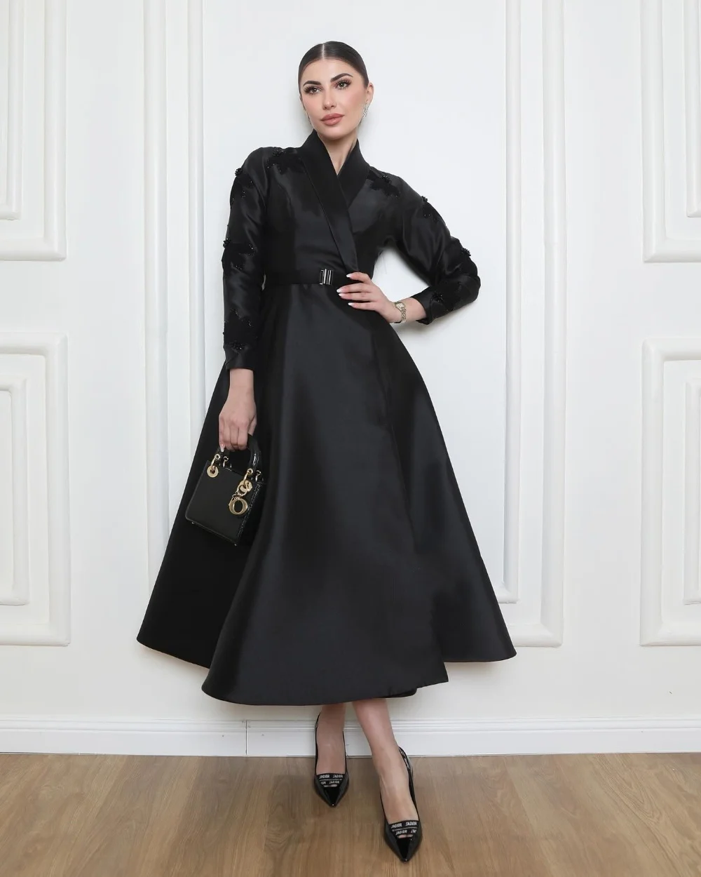 

Customized Modern Style Exquisite Sash Applique Beading Sequined A-line V-neck Midi Dresses Bespoke Occasion Dresses Fashion