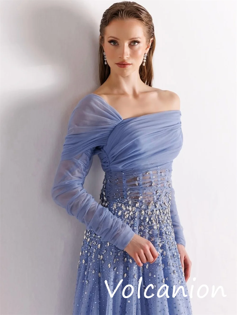 Customized Modern Style Chiffon Sequined Pleat A-line Off-the-shoulder Long Dresses Bespoke Occasion Sparkle
