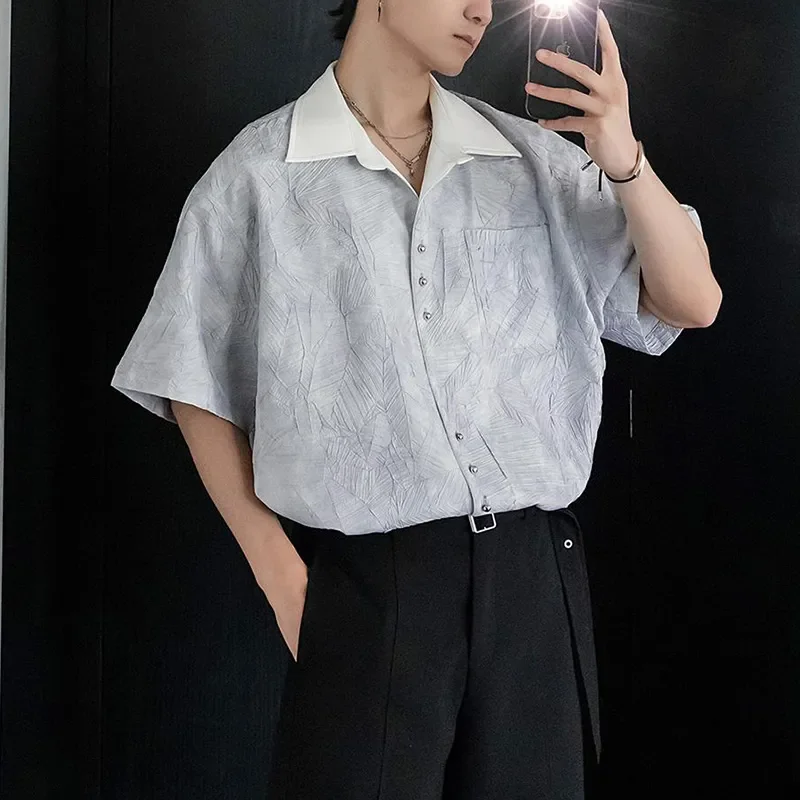

Summer New Korean Fashion Compression Collar Short Sleeve Shirt Retro Men's Versatile Popularity Turndown Collar Tops