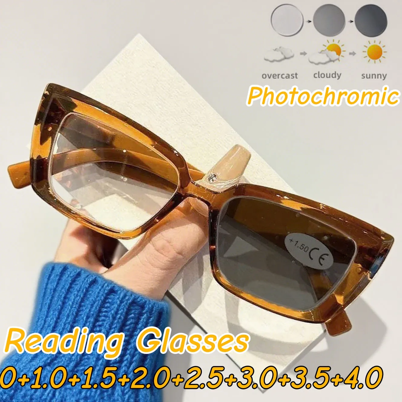 

Light-sensitive Color-changing Cat Eye Reading Glasses Women's Fashion Anti Blue Light Presbyopia Sunglasses for Female +1.0+2.0