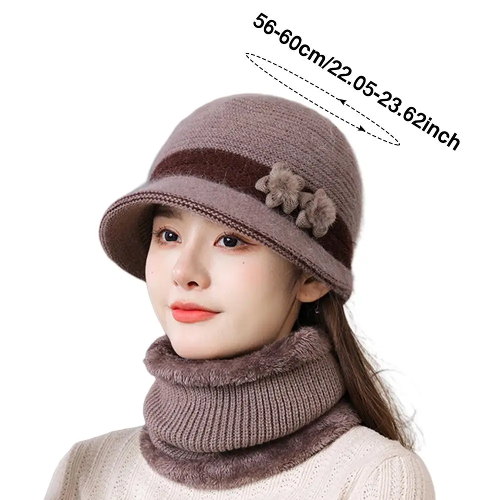 Outdoor Elderly Middle Aged Winter Beanie Hat Scarf Warm Fleece Lining Knit Bucket Hat Windproof Neck Warmer for Women