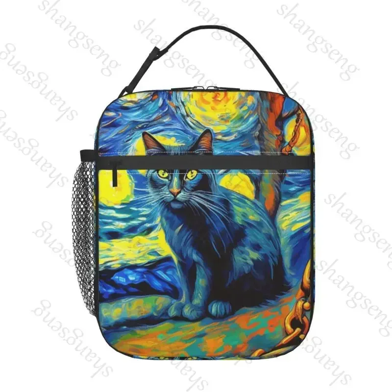 Oil Painting Van Gogh Black Cat Lunch Bag insulated bag student thickened waterproof Bento Bags Outdoor Travel Pack Picnic Bag