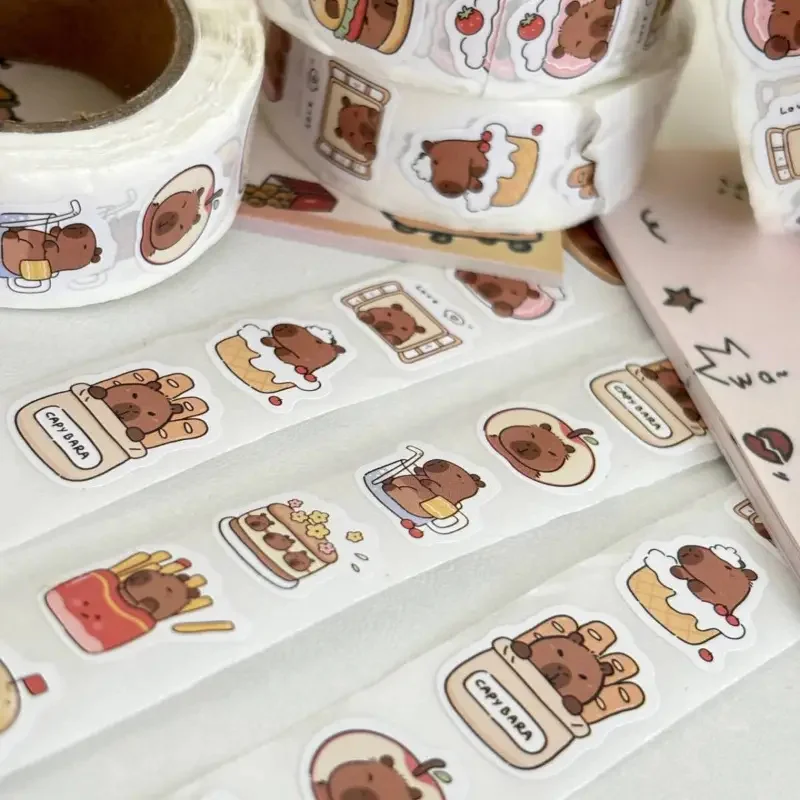 500Pcs Capybara Stickers Roll Waterproof PVC Self-Adhesive Decals Cute Animal & Food-Themed Perfect for Laptops Scrapbook Phones