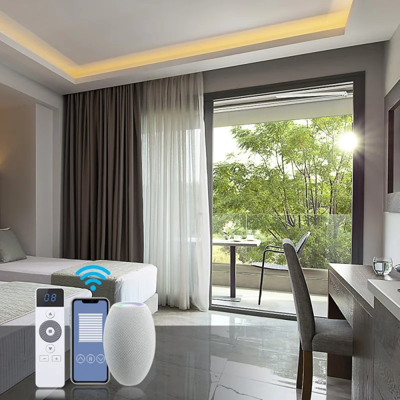 

Luxury Soft 100%Blackout Heat Insulation Linen Fabric Battery Motor Wifi App Remote Control Automatic Curtain Sheer For Bedroom