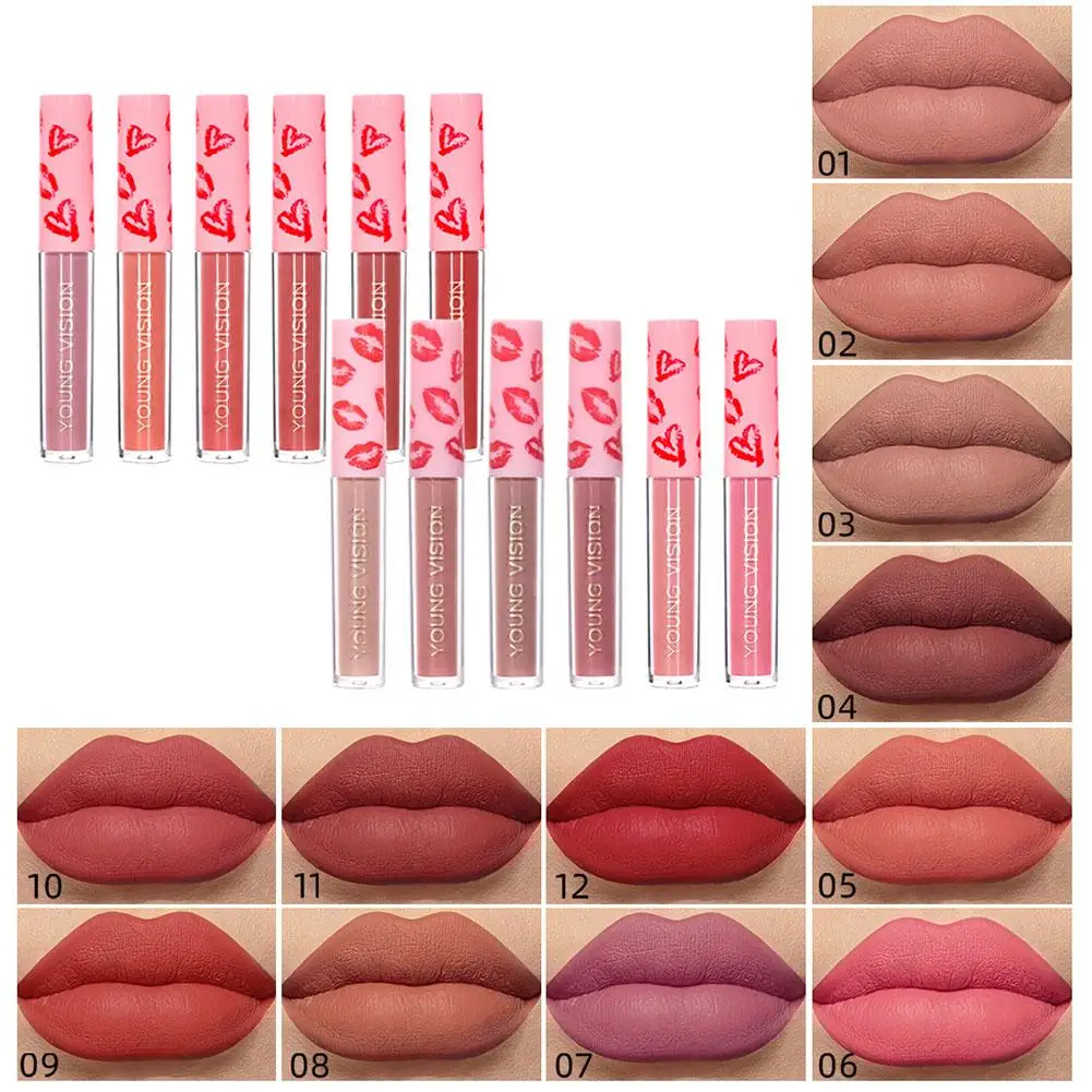 Sexy Red Lips Matte Lip Gloss Non-stick Cup Whitening Red/nude Apricot 12 Colors New 1ml Color Retro Lip Matte Gloss Atmosp V5N8