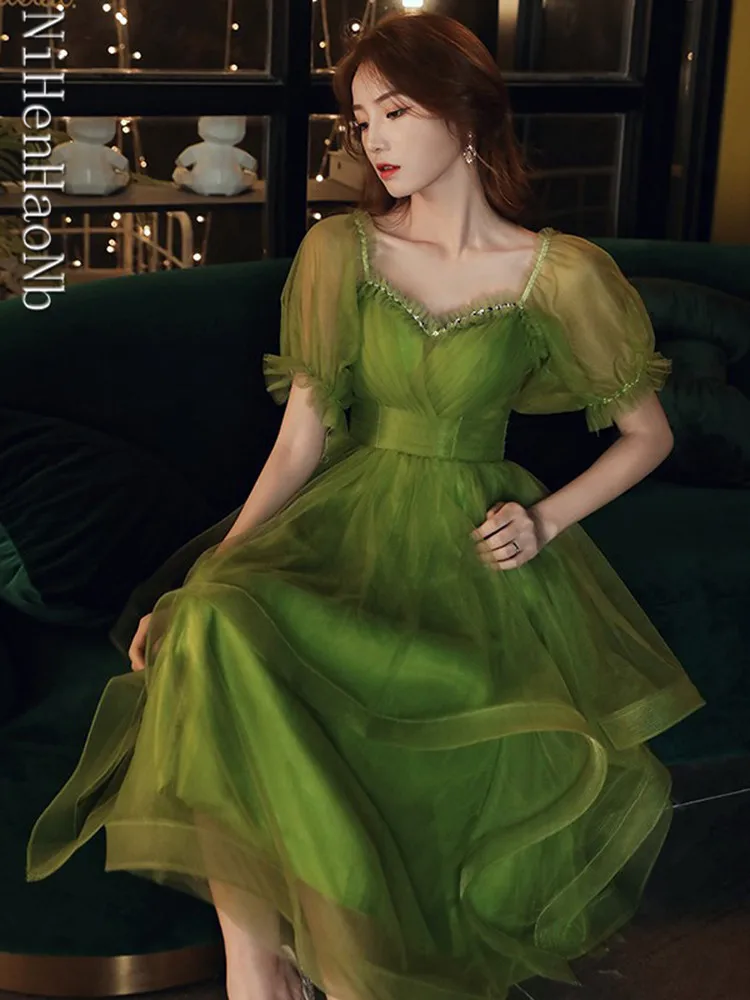 Fairy Green Evening Dresses Ruffles Layers Party Prom Gown Vestidos Para Mujer