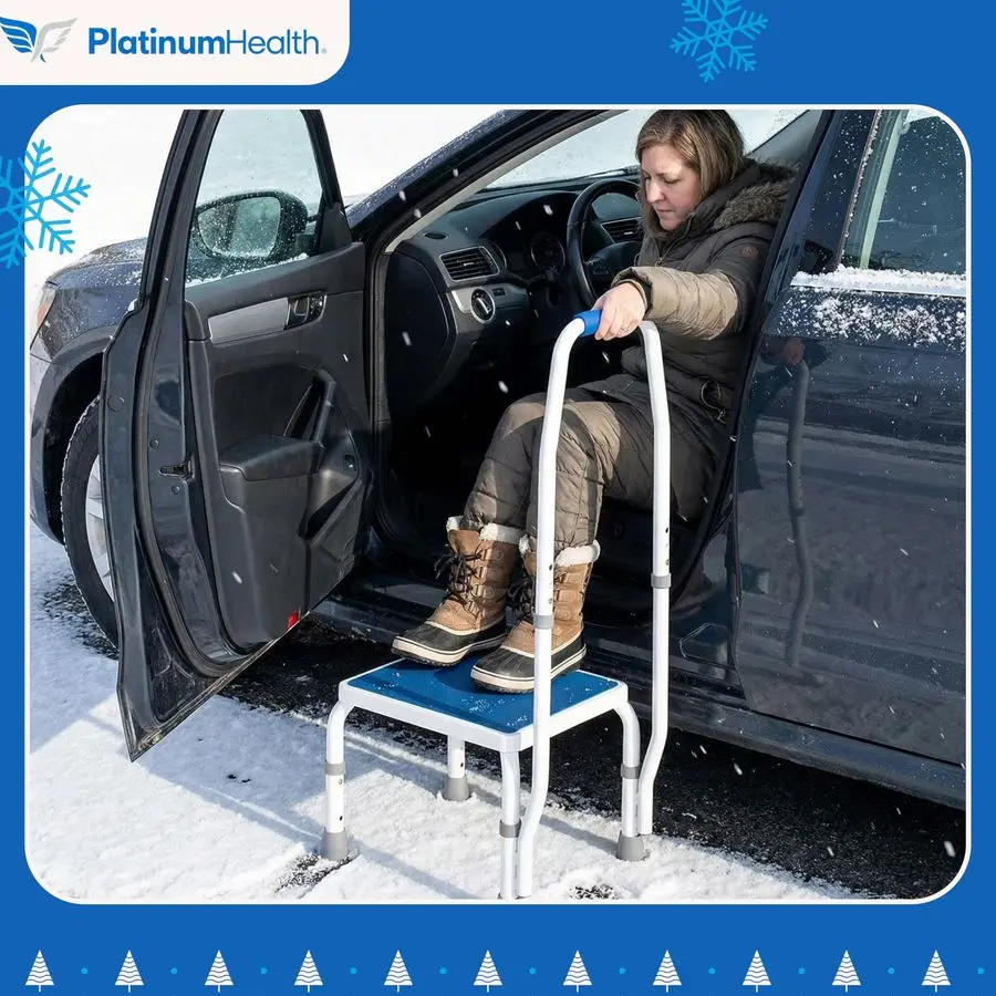 مسند قدم فاخر من AdjustaSteptm مع درابزين بمقبض، ارتفاع قابل للتعديل. 2 منتج في 1. التصميم الحديث الأبيض والأزرق. با #6